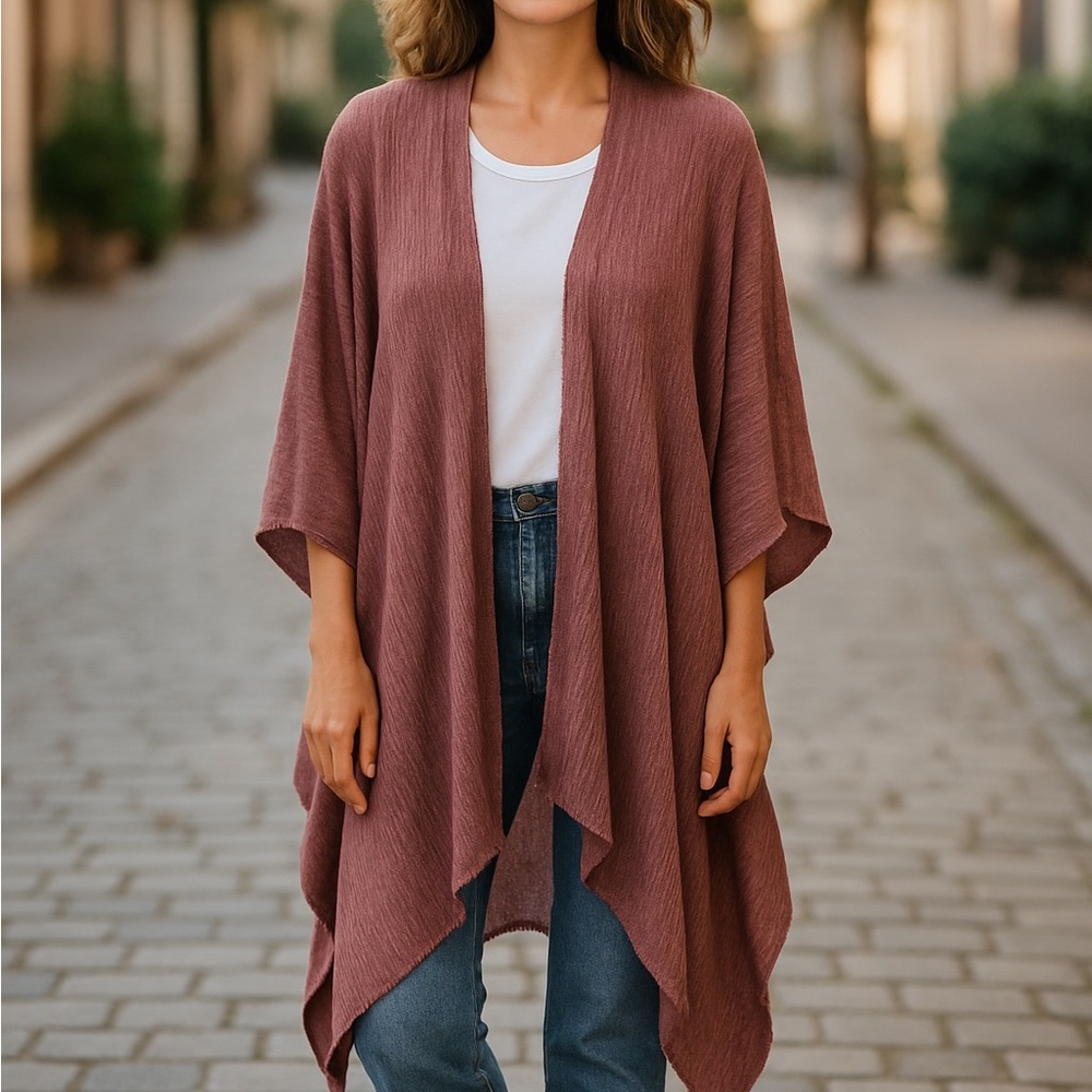 Torrid Mauve Crepe Gauzey Ribbed Raw Edge Duster Poncho Style CoverUp Sz OS